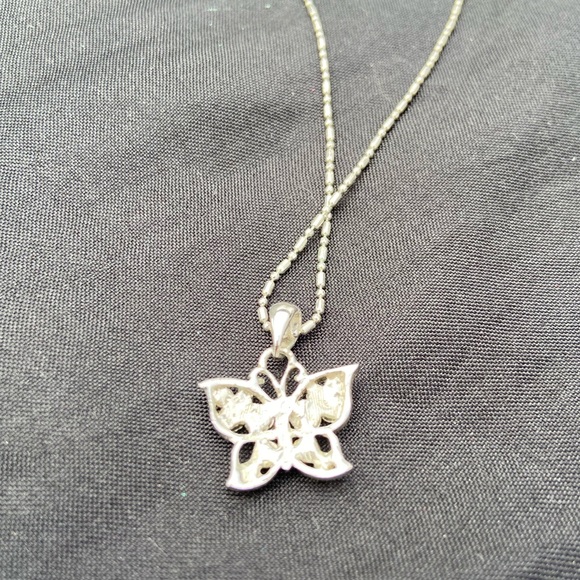 Cookie Lee Butterfly Necklace - Silver Tone with Purple and Blue Gems - Picture 6 of 9